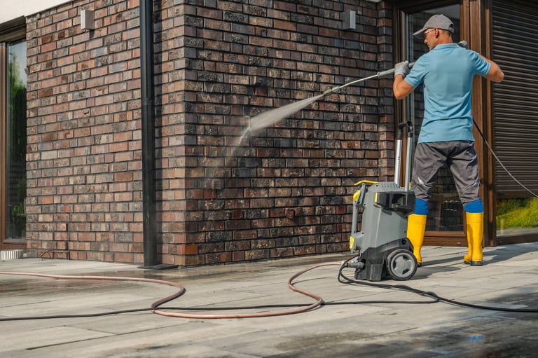 A man in yellow boots operates a pressure washer to clean the exterior wall of a house